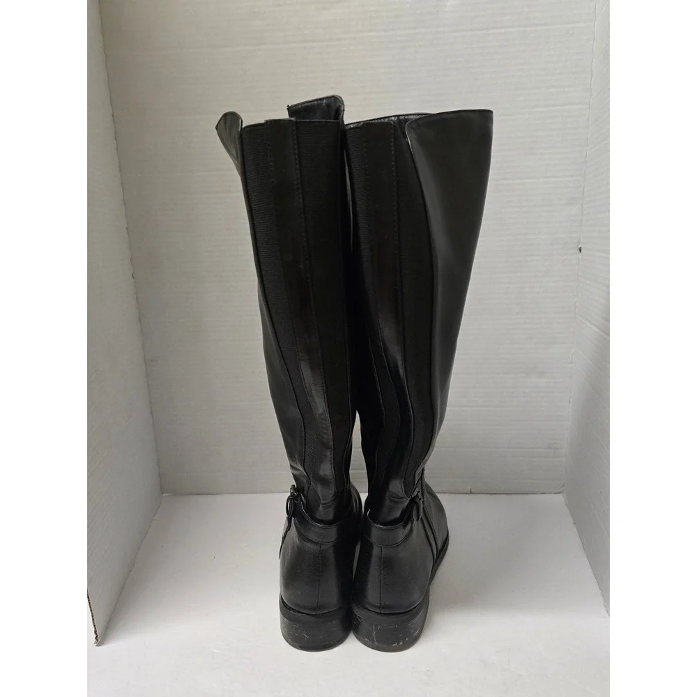 Black Knee High Riding Boots Wide Calf Elastic Gore Buckle Detail Size 9.5W
